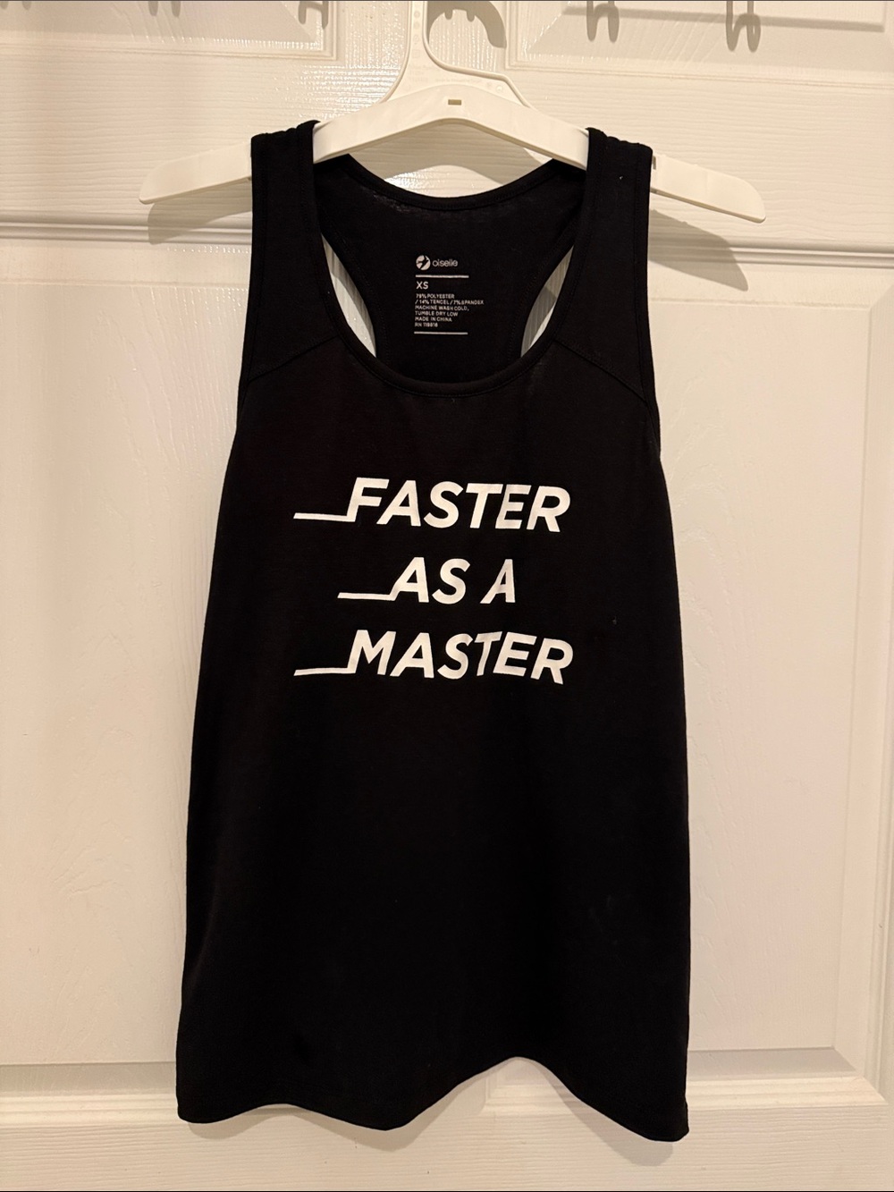 Oiselle Women’s Black Racerback Tank Top with White 'Faster As A Master' Print